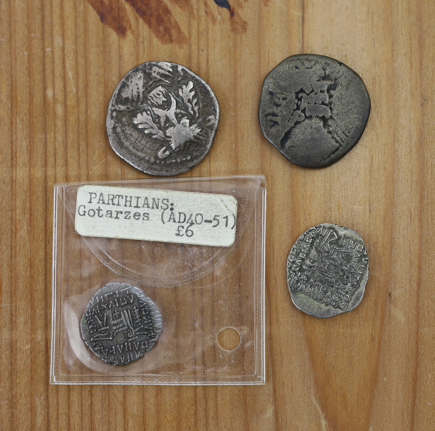 Kings of Parthia (247BC-224AD), Artabanus II tetradrachm, 13.7g, Gotarzes II drachm, 3.7g, Vonones II drachm, 3.7g and a worn tetradrachm (4)